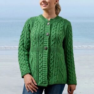 Shannon Woolen Mills Irish Merino Wool Kelly Green Fisherman Cardigan Sz XL